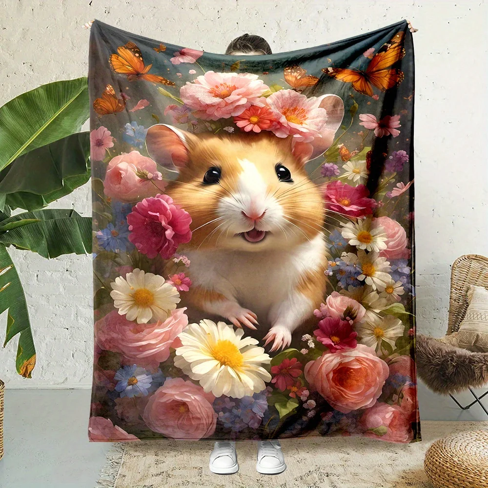 Mixed Color Cartoon Hamster and Floral Pattern Digital Print Flannel Throw Blanket - Non-woven, Polyester, Reversible All-Season