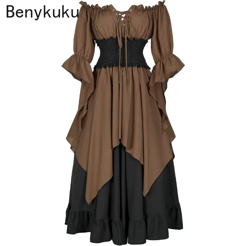 

Vintage Renaissance Victorian Medieval Corset Dress Women Halloween Cosplay Costume 3/4 Sleeve Princess Gown Pleated Maxi Dress