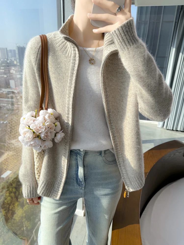 

Женский вязаный кардиган из 100% мериносовой шерсти с воротником-стойкой на молнии, кашемировый мягкий теплый топ с длинными рукавами