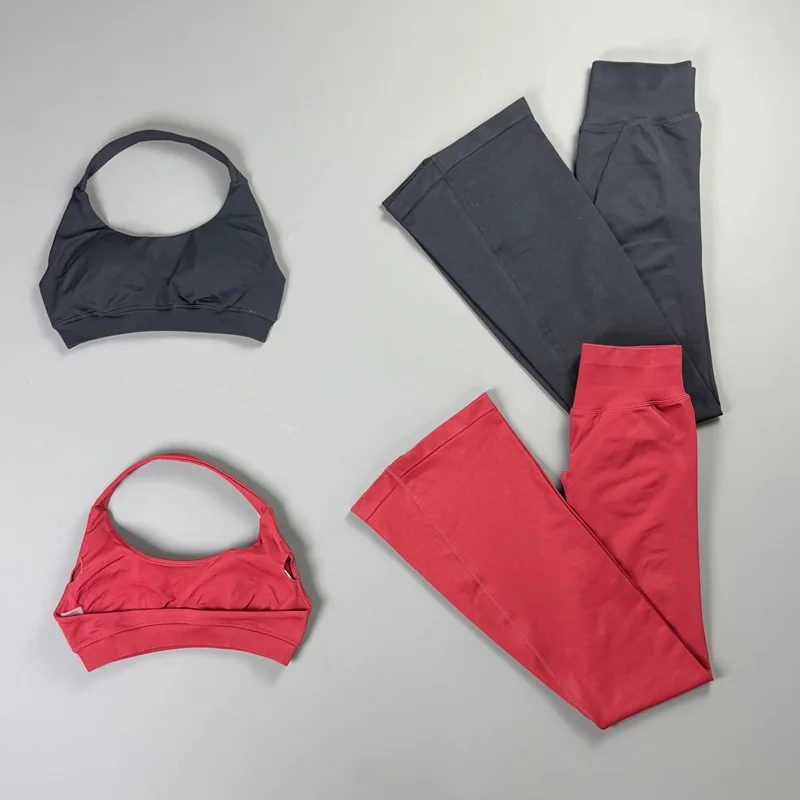 2Pcs Flares Leggings Set Women Scrunch Butt Flared Yoga Pants Sexy Open Back Halter Bra Top Fitness Pilates Gym Flare Pant Suit