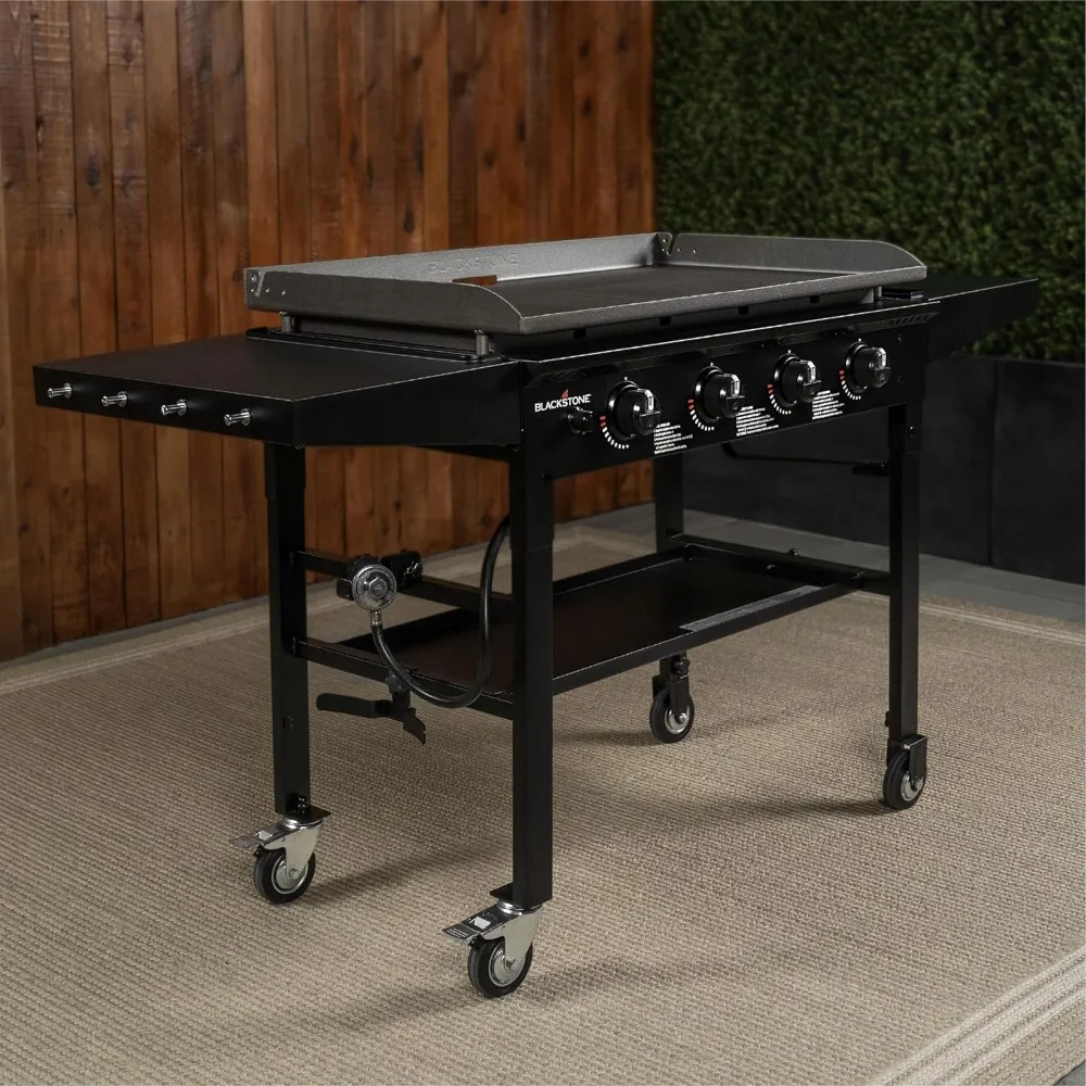 

Gas Griddle Cooking Station 4 Burner Flat Top Gas Grill Propane Fuell Professional 36” Outdoor Griddle Station with Side Shelf