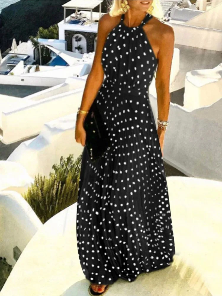 

Polka Dot Print Halter Neck Long Dresses Women Fashion Backless Leace-up Sleeveless Pleated Dress Summer Vacation Style Vestidos