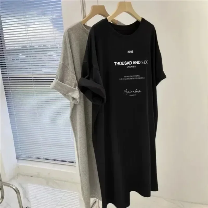 Laxsesu Letter Printed Casual Long T-Shirt Dress Summer Short Sleeve Oversized Korean Female Maxi Dress Vestidos De Mujer