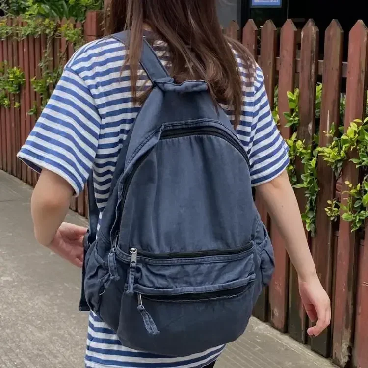 Mochila de algodão coreano vintage para meninas, unissex, casual, sólida, de alta capacidade, zíper, softback, simples, bolsas de ombro