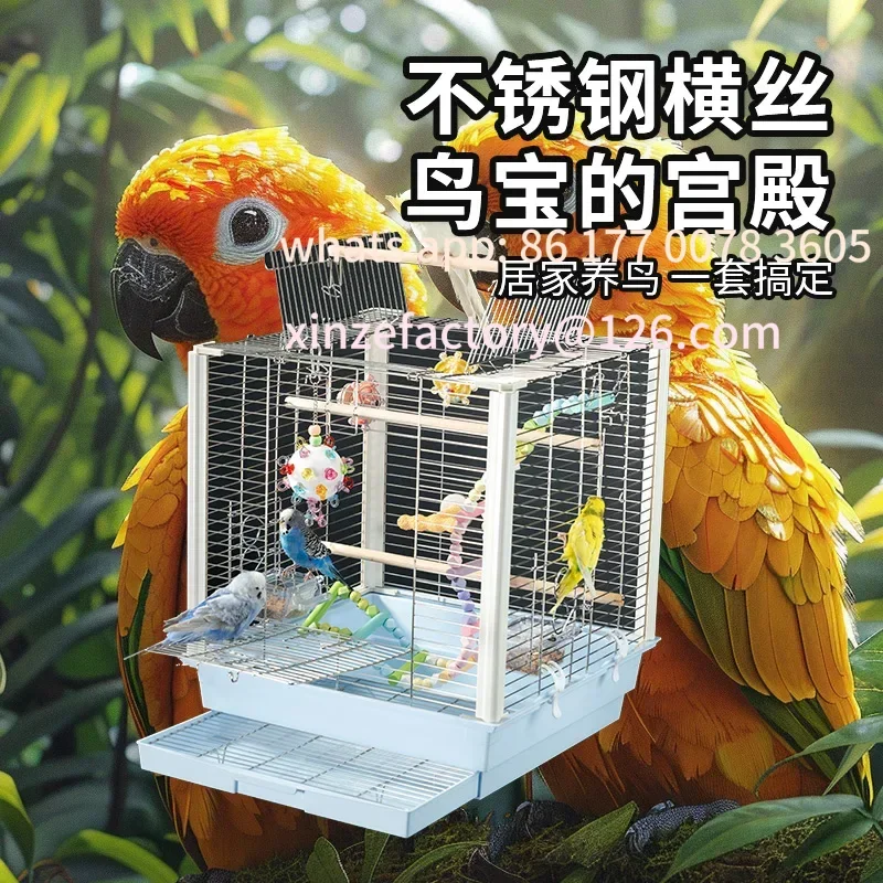 

Customizable Open top parrot stainless steel bird cage horizontal silk home luxury villa monk special splash-proof