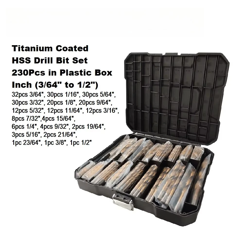 230Pcs Titanium Coated HSS -R Drill Bit Set, SAE 3/64