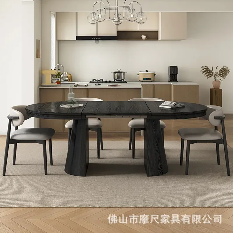 French Black Solid Wood Retractable Dining Table Square Round Dual Purpose Multi Function Folding Oval Extendable for Kitchen