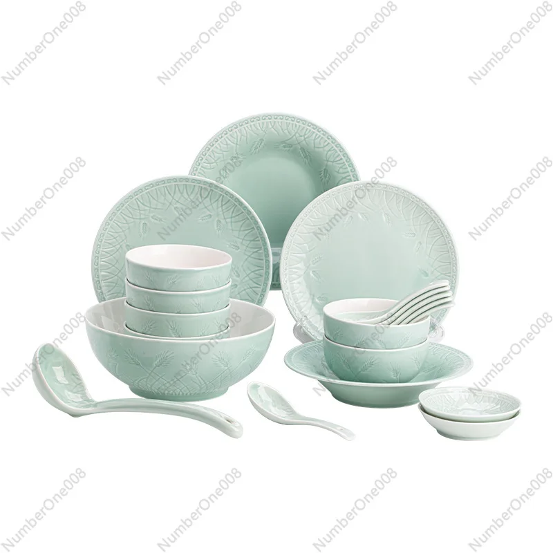 

Celadon Tableware Set Light Green Glaze 20 Wheat Ears Design Bowl and Plate Combo 6-Piece Gift Set