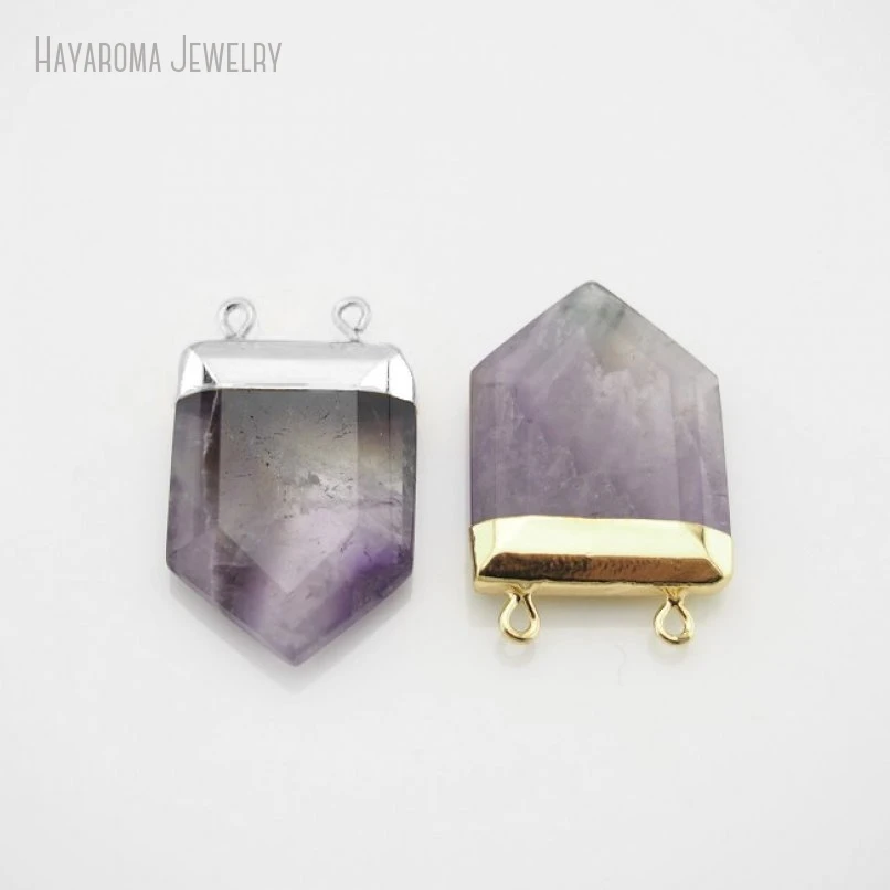 

12Pcs Copper Wholesale Top Double Bail Jewelry Geometric Shield Dog Tooth Amethysts Crystal Metal Pendant PM24751