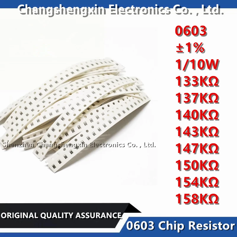 100 szt. Tolerancja rezystor chipowy 0603 SMT ± rezystancja 1% 133KΩ 137KΩ 140KΩ 143KΩ 147KΩ 154KΩ 158KΩ Ohm 1/10W 0.1W