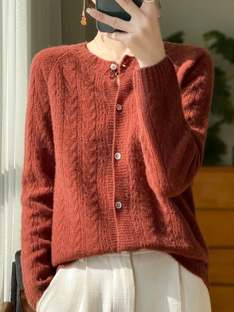 100% Merino Wool Knitwear O-neck Hollow Out Sweaters For Women Cardigan Raglan Sleeve Spring  Autumn Cashmere Popular Clothes