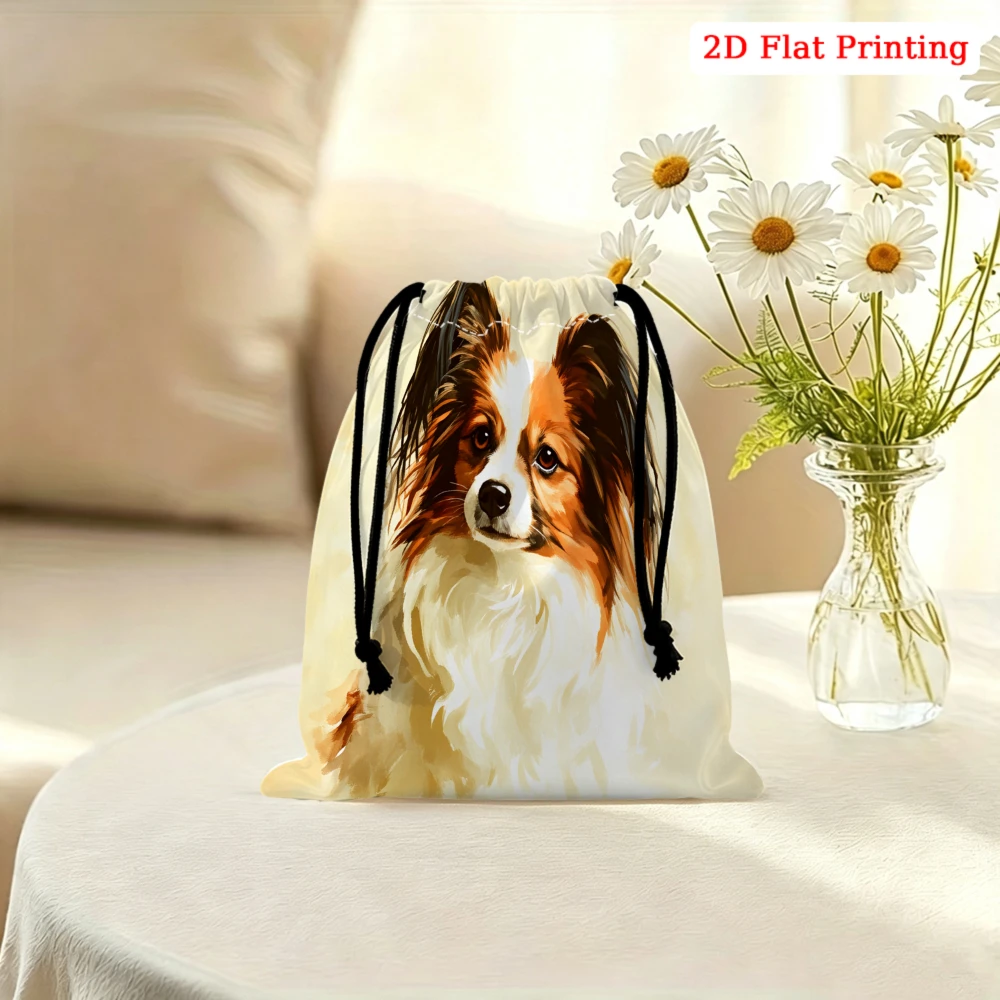 1pc Fashion Drawstring Bag Cream Papillon Dog Print Storage Small Pouch For Travel Cosmetics Jewelry Organizer Portable Gift