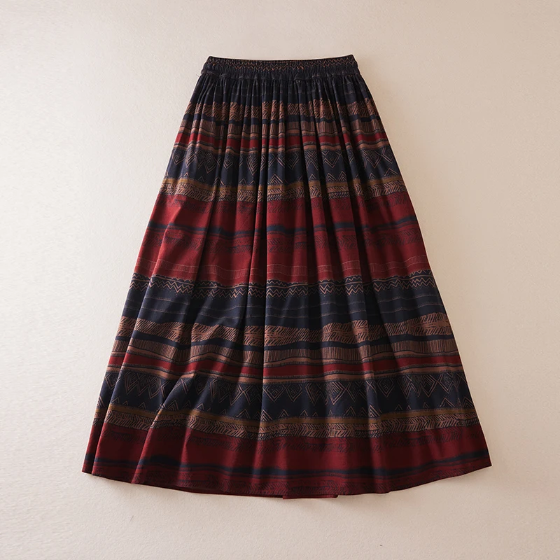 تنورة Faionable على شكل حرف A تنورة عرقية غير رسمية مخططة بخصر عالٍ تنورة متوسطة الطول لربيع وصيف وصلت حديثًا للسيدات...