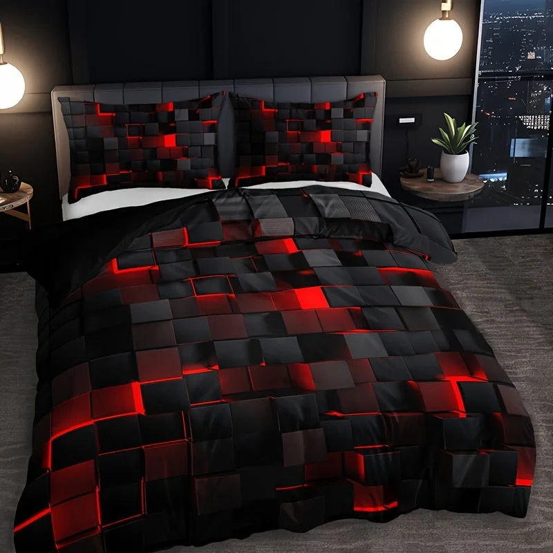 

3 Set of Technology Plaid down Quilt Cover，Breathable polyester，Suitable All Seasons，Digital Printing，Washable，Woven