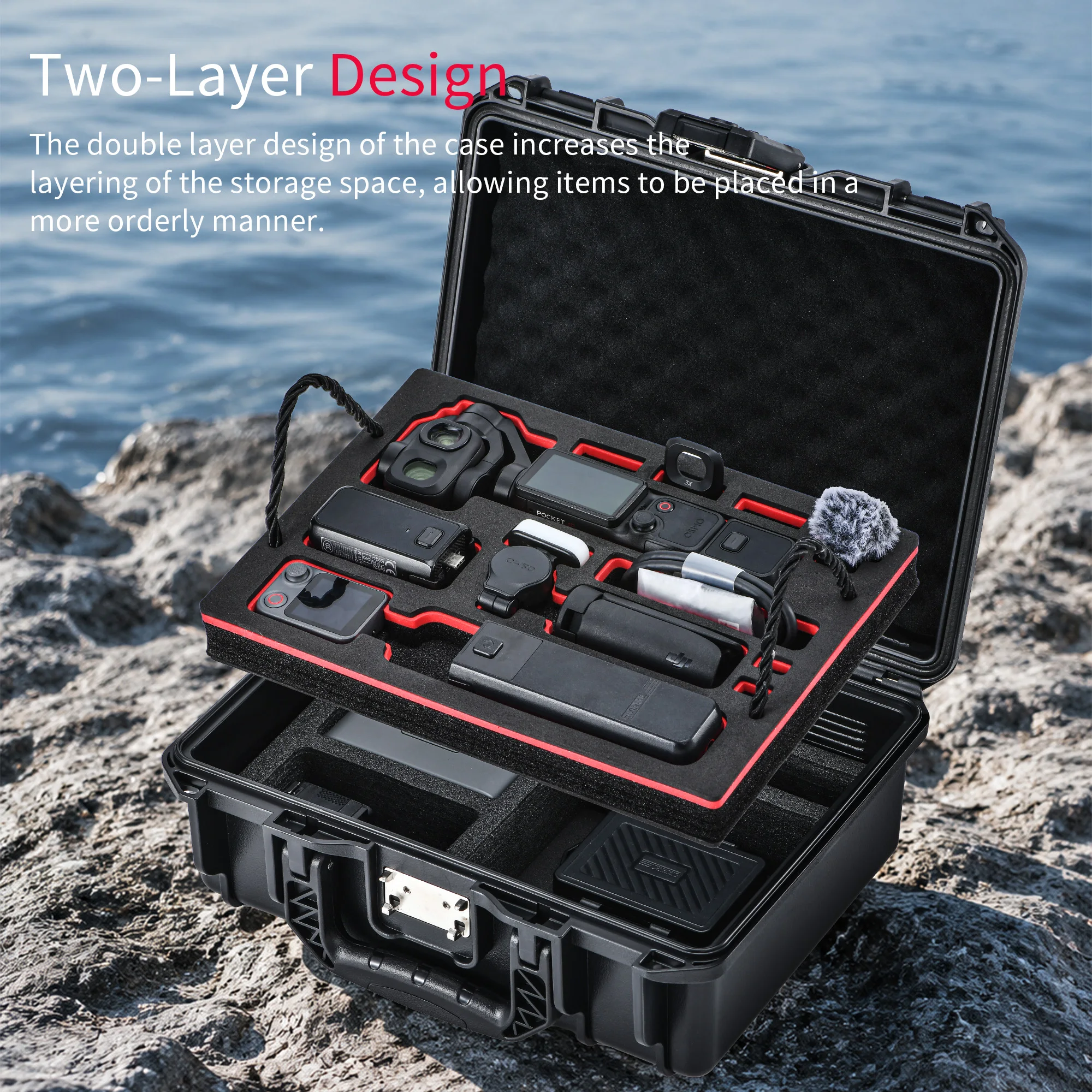 2-warstwowe etui z zamkiem TSA do DJI Osmo Pocket 4P, wodoodporne, odporne na wstrząsy, podróżne pudełko, twarda obudowa, futerał do przenoszenia akcesoriów do kamery — zdjęcie produktu 4