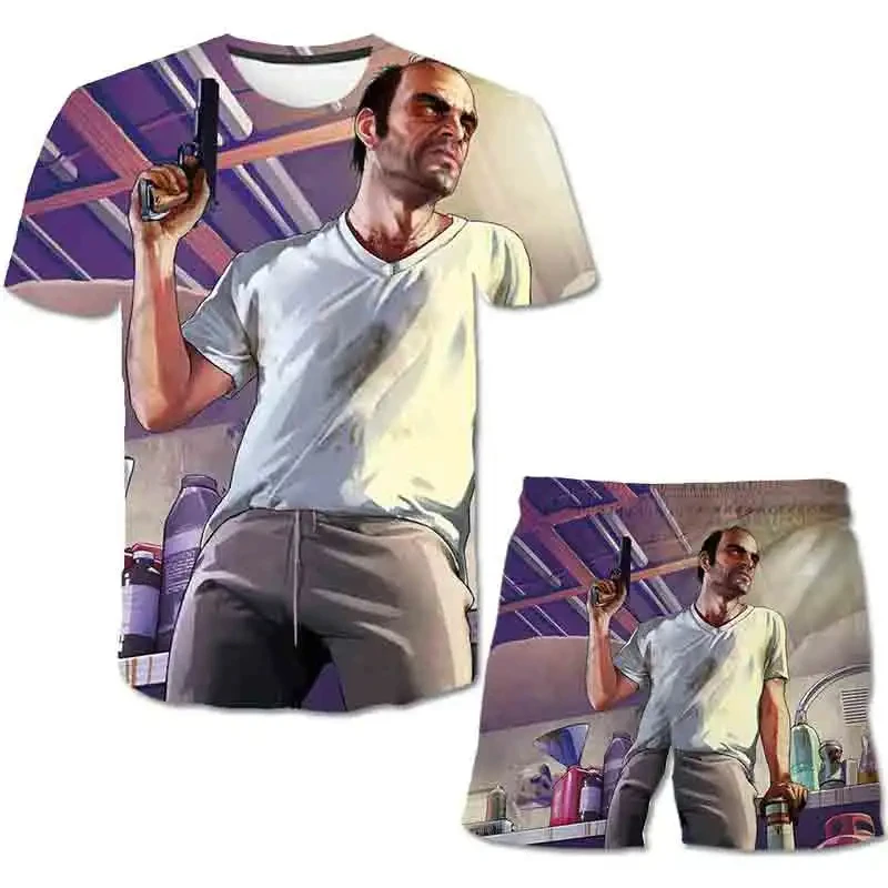 Conjuntos de t-shirts e shorts para homens 3D GTA Game, fatos de treino extragrandes, camiseta de manga curta, calças, ternos masculinos, roupas de verão