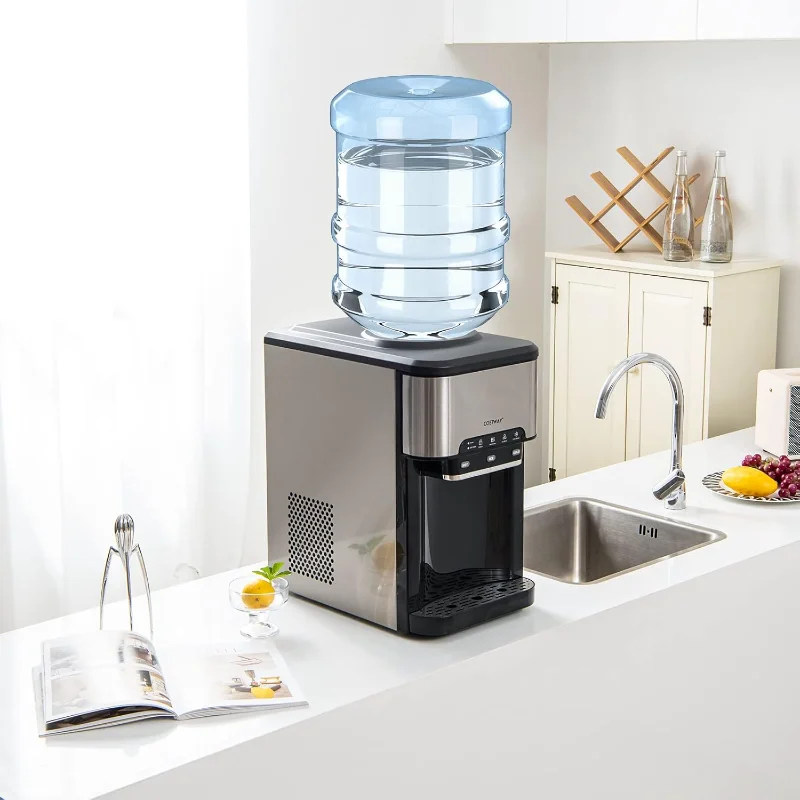 موزع مياه COSTWAY مع صانع الثلج، يحمل زجاجة 3-5 جالون، ماكينة تبريد المياه الباردة الساخنة 3 في 1 على سطح الطاولة