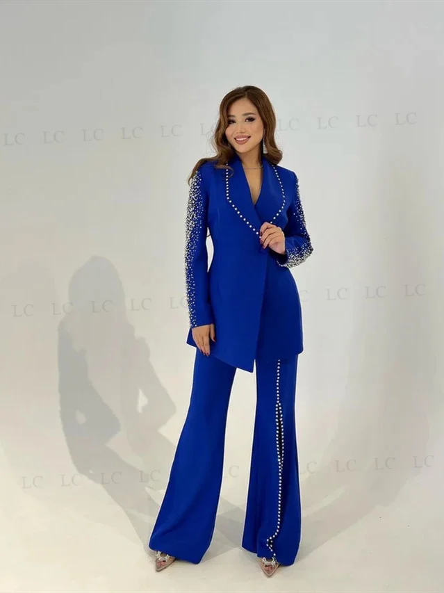 2 ピースデザインの高級女性スーツビーズダイヤモンド真珠ウエディングイブニングドレスフォーマルカスタムメイドプラスサイズの花嫁の母