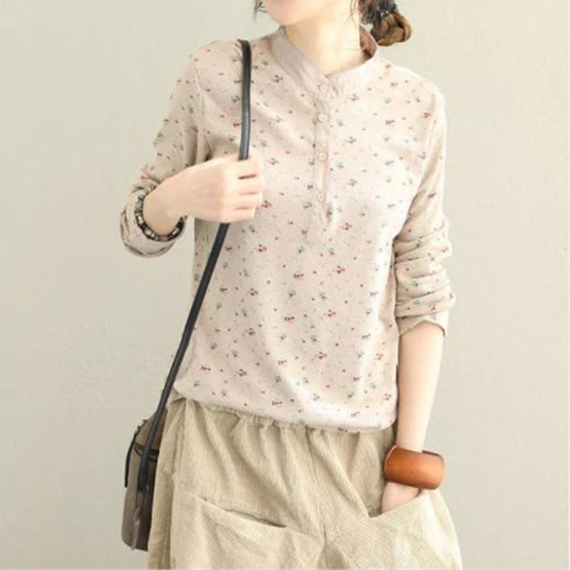 

Spring Vintage Floral Casual Long Sve Stand Collar Button Base irt plus Size Women's Clothing Slimming Top