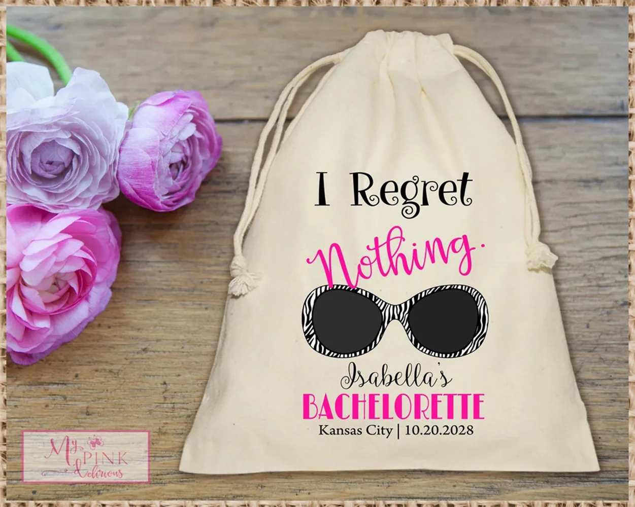 

20pcs Bachelorette Party Muslin Bag -Hangover Kit-I regret nothing Zebra Sunglasses - Mini Favor bag-custom muslin bag