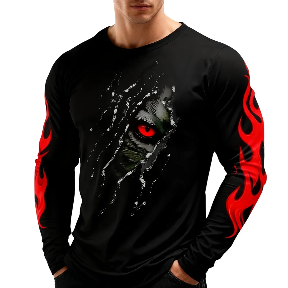 Men Polyester 3D Print Torn Portrait Silver Flame Graphic Long Sleeve T-shirt Crew Neck Casual Streetwear Tops
