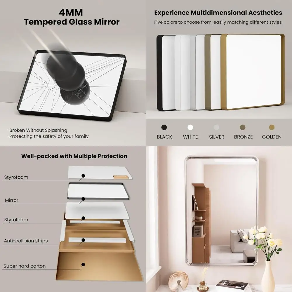 Modern 30x22 Rectangular Vanity Mirror with Brushed Nickel Frame for Bathroom, Bedroom, and Living Spaces