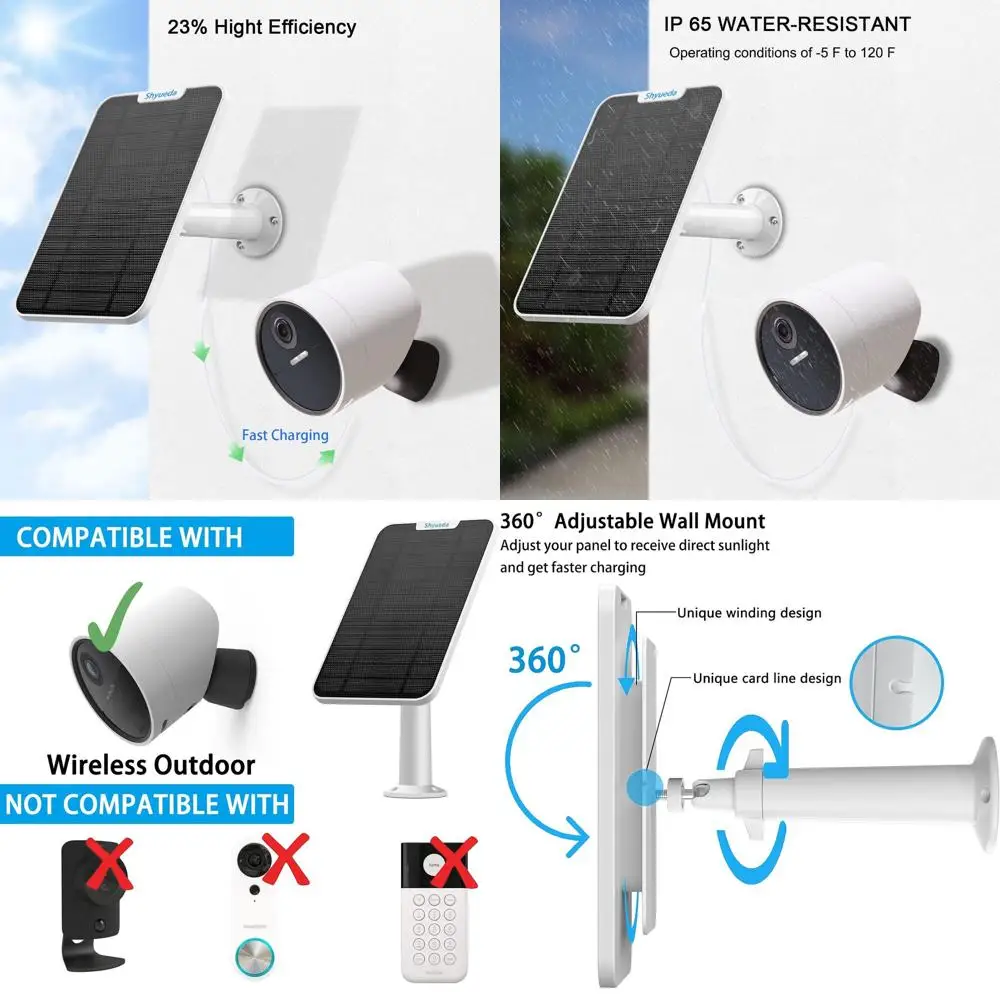 

Комплект для зарядки панели уличной камеры видеонаблюдения с водонепроницаемым кабелем Micro-USB длиной 13,1 фута, класс защиты IP65, включает настенный кронштейн (белый)