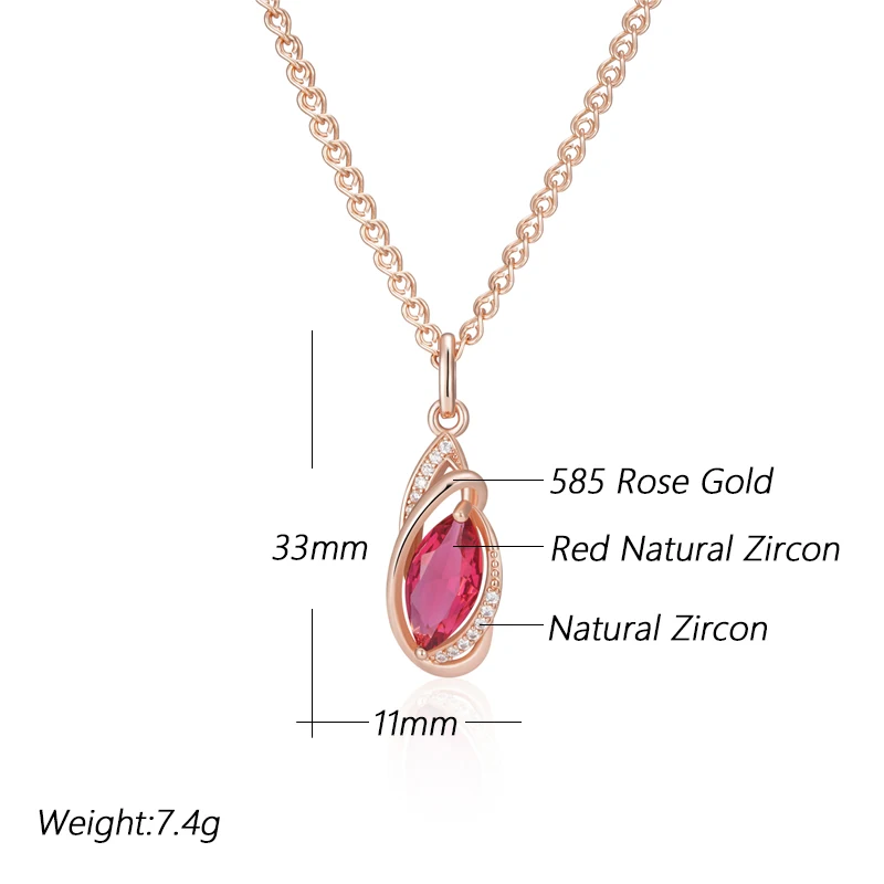 Kinel Hot Red Rhombus Natural Zircon Pendant Necklace for Women Fashion 585 Rose Gold Color Vintage Party Fine Daily Jewelry