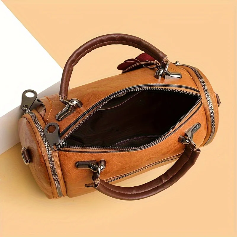 Tas Tangan Boston Vintage Besar - Tas Selempang PU Warna Solid dengan Penutup Ritsleting, dan Liontin Bunga - Sempurna untuk Penggunaan Sekali Saja