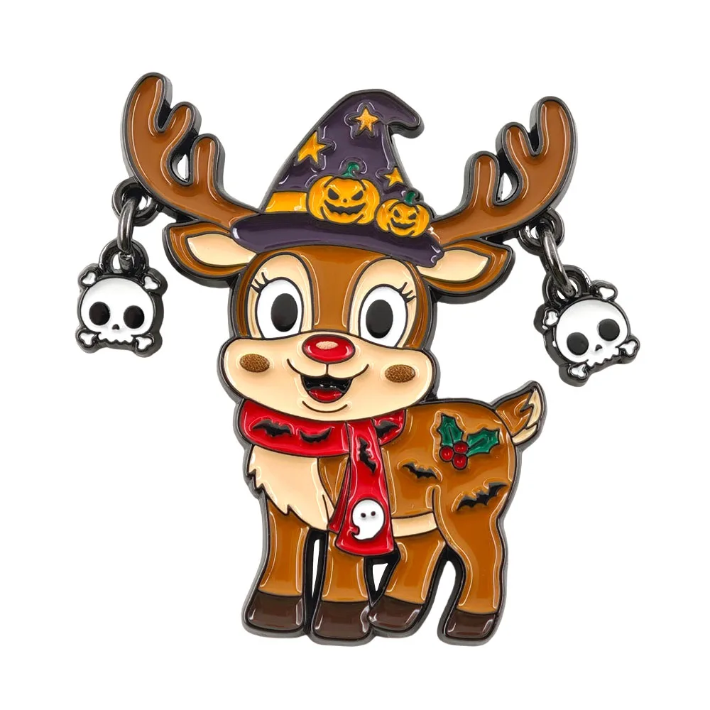Halloween-Totenkopf-Brosche, Niedliche Rentier-Emaille-Anstecknadel, Hexen-Kürbis-Hut-Reversnadel, Gruselige Kawaii-Weihnachtsschmuck-Geschenke – Detail 1
