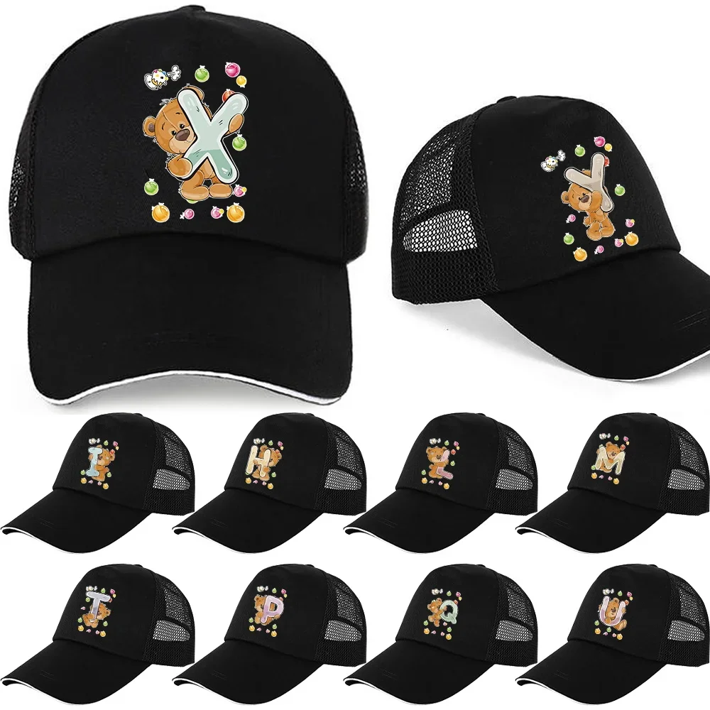Athletic Baseball Fitted Cap Black Dad Hat Snapback Mesh Cap Mesh Cap Men's Stretch Fit Caps Bear Pattern Print Professional Hat