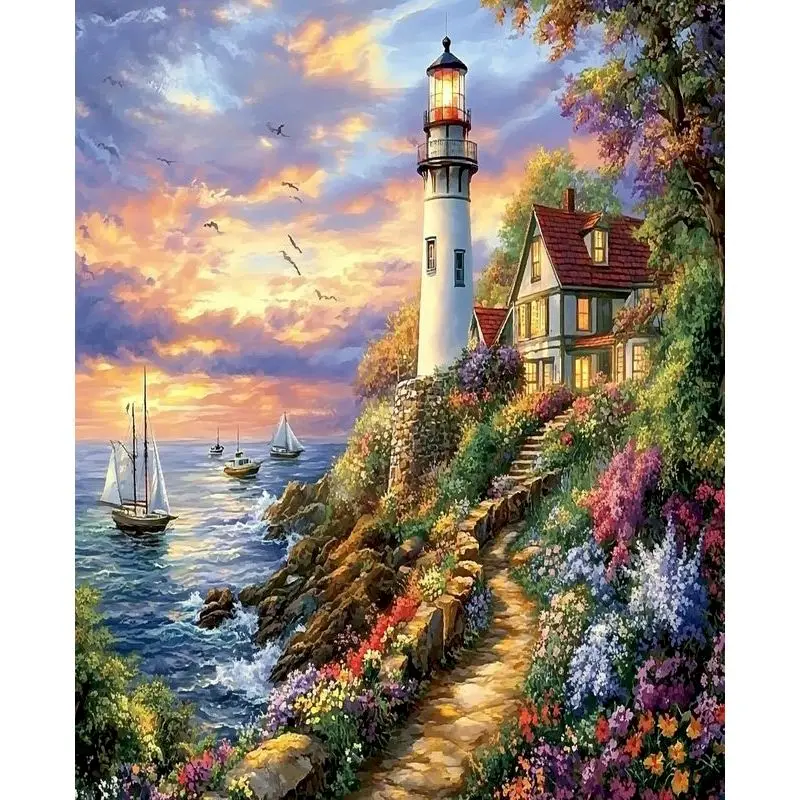 

RUOPOTY Oil Painting Lighthouse Scenery Kits For Adults Handpainted DIY Picture By Number Seaside On Canvas Home Decoration