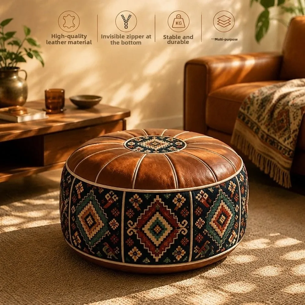 Boho Pattern Ottoman Pouf PU Leather Large Opening Storage Ottoman Water Resistant Fillable Design Footstool Cover Living Room