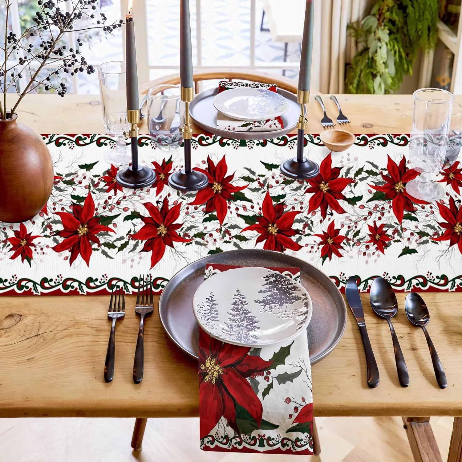 Christmas Poinsettia Flower Berry Linen Table Runner Dresser Scarves Winter Xmas Kitchen Table Runner Navidad Decorations 2025