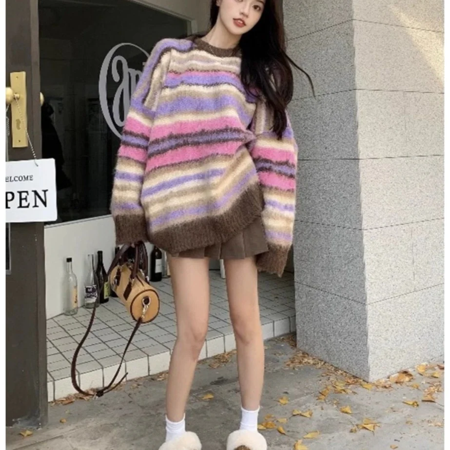 Women Sweaters Colorful Baggy Slouchy American Style Daily Warm Spicy Girls Temperament All-match Stretchy Blocking Pullover Top