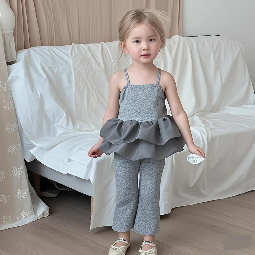 

Children Sleeveless Clothes Set 0-9 Years Summer Girls Mesh Sling Vest + Flared Pants 2pcs Suit Kids Thin Comfortable Outfits
