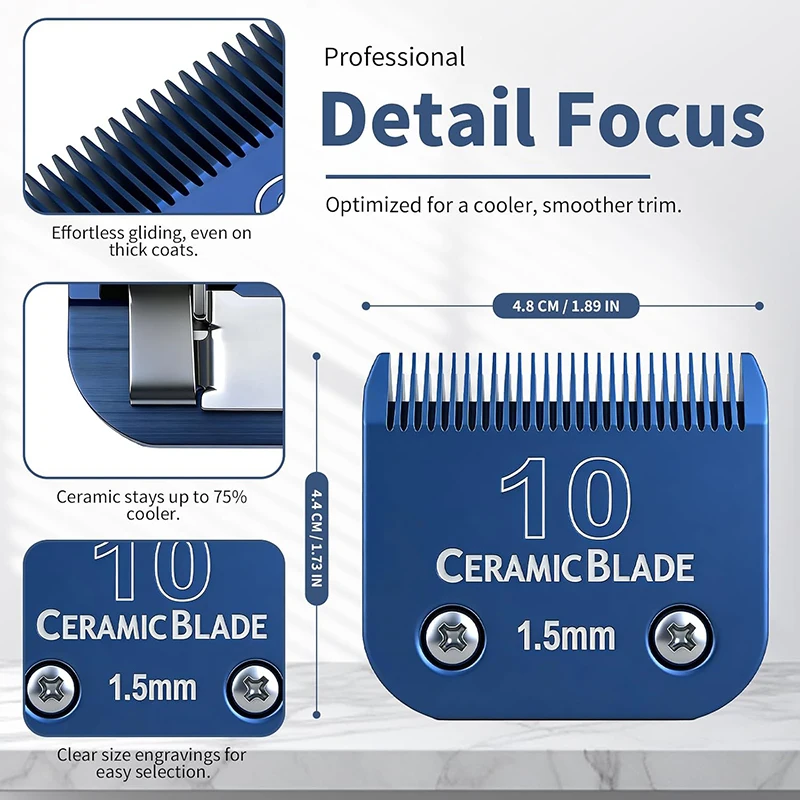 Blue Size10 Ceramic Pet Clipper Blades Compatible with Andis Compatible with Andis,Oster A5,Wahl KM10 Clippers&Similar Models