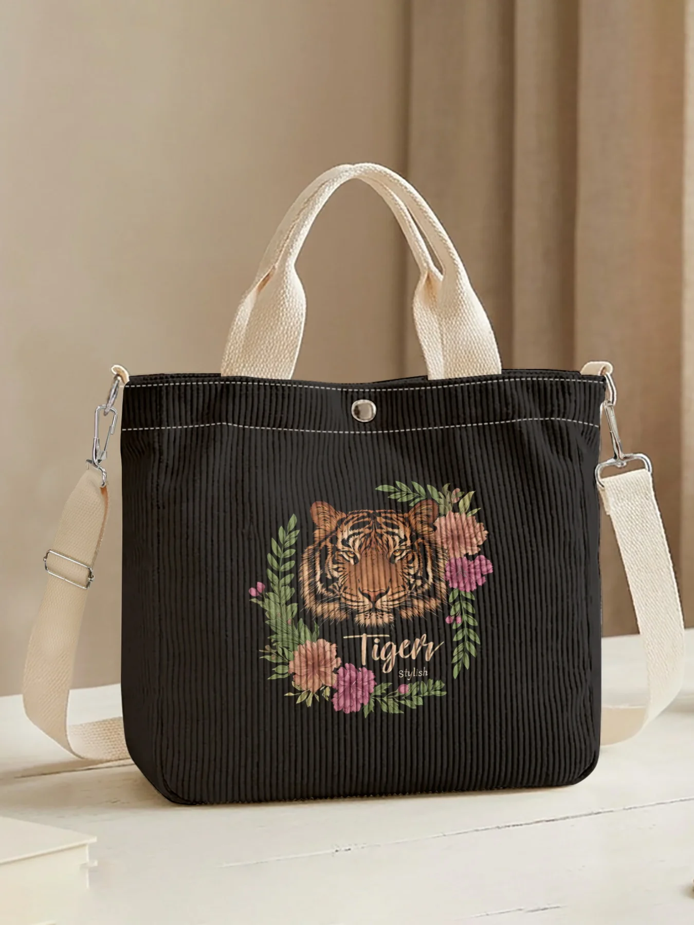 Floral Tiger Letter Print Crossbody Tote Bag, adjustable strap, large capacity for shopping and daily commuting