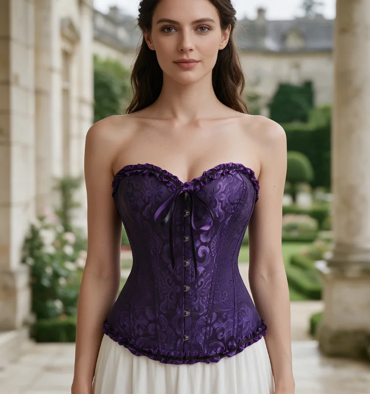 Damen-Overbust-Korsett, Vintage-Jacquard, Rüschen, Schleife vorne, Busk hinten, Schnürung, Taillenformer, Freizeit-, Party- und Alltagskleidung – Detail 24