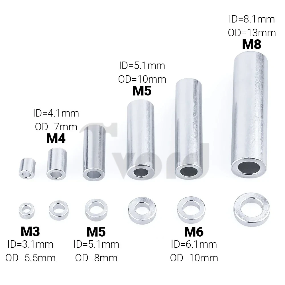 10PCS/Lot M3/M4/M5/M6/M8 Aluminium Round Spacers Flat Washer Bushing Gasket Spacer Sleeve Non-threaded Standoffs