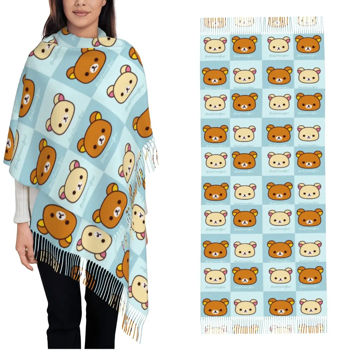 

Womens Scarf with Tassel Rilakkumas Long Super Soft Shawl and Wrap Korilakkuma Gifts Pashmina Scarves
