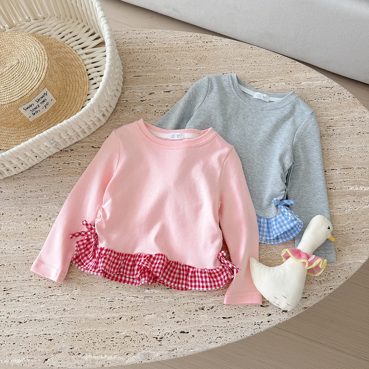 Girls Long Sleeve T Shirt Spring Autumn Cotton Ruffled Plaid Patchwork Top Baby Round Neck Undershirt Childrens Wear