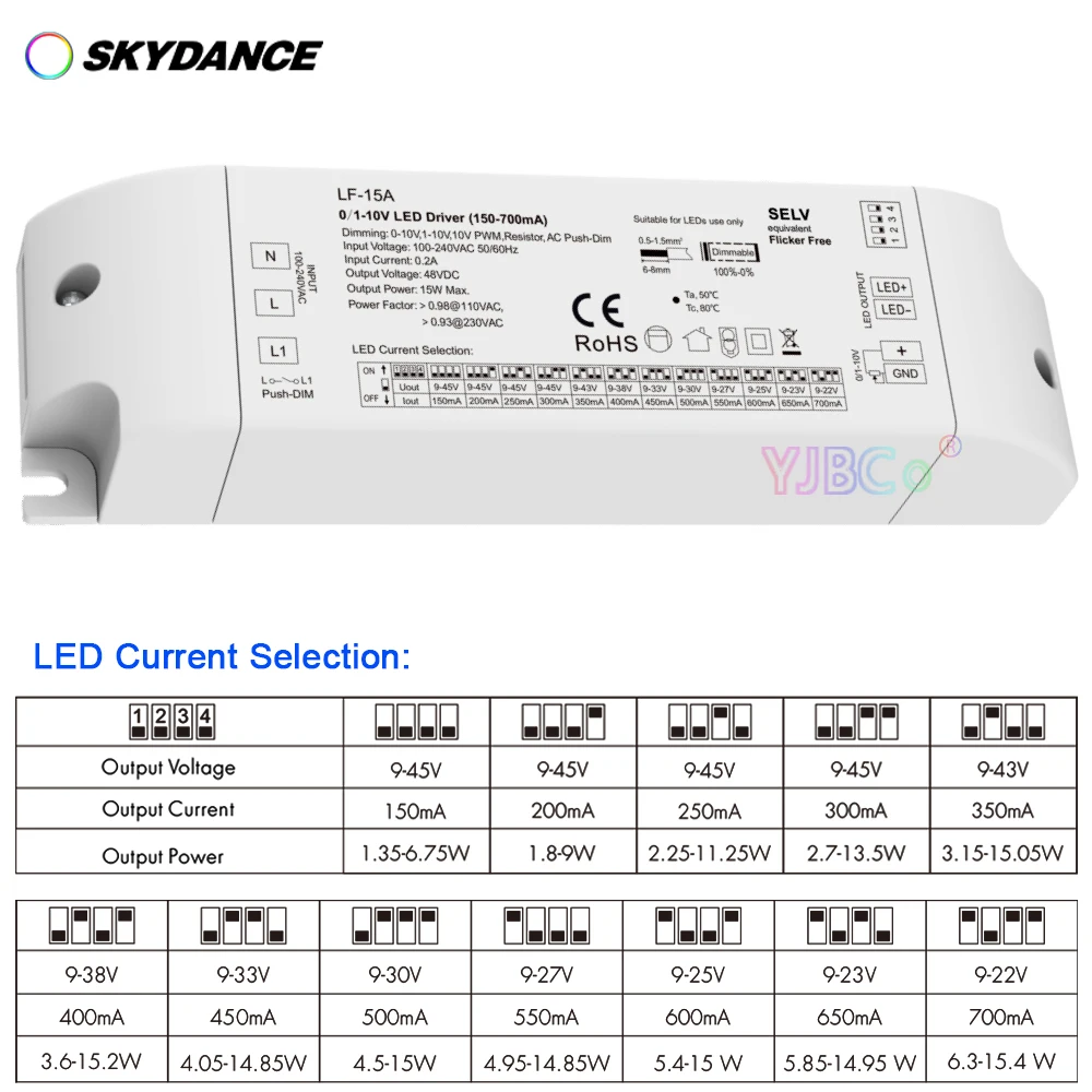 

Skydance 15W 150-700mA 0/1-10V Dimmable LED Driver led Downlight Spotlight AC110V-220V to 10-45VDC Constant Current Power Supply