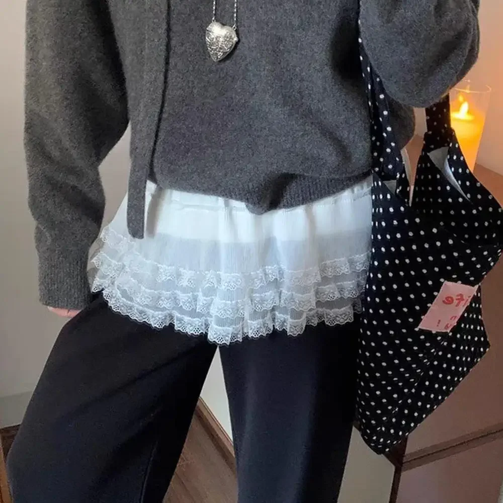 Women's Korean One-Piece Belted Overlap Lace Skirt 2025 Summer Apron Short A-Line Skirt Lace Layered Gauze Skirt with Tie Up