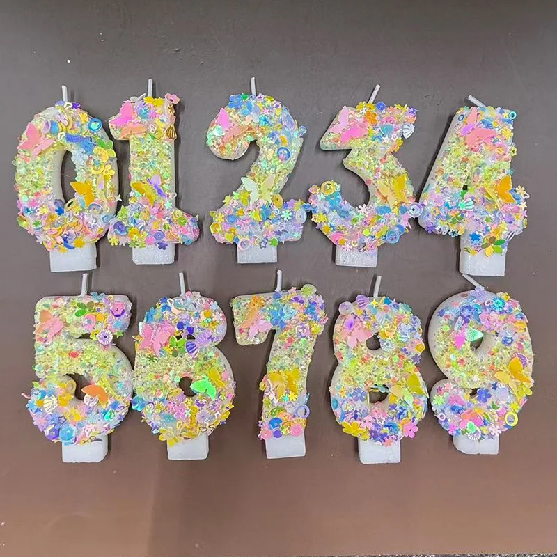 Colored butterfly and flower decorations for birthday number candles, birthday commemorative candles, and party small gifts
