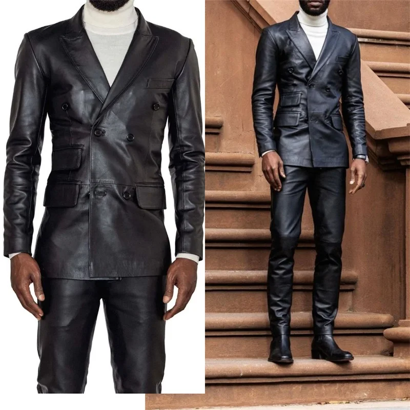 Leather Men Suits Set 2 Pieces Black Blazer+Pants Wedding Tuxedos Formal Double Breasted Custom Made Groom Wear