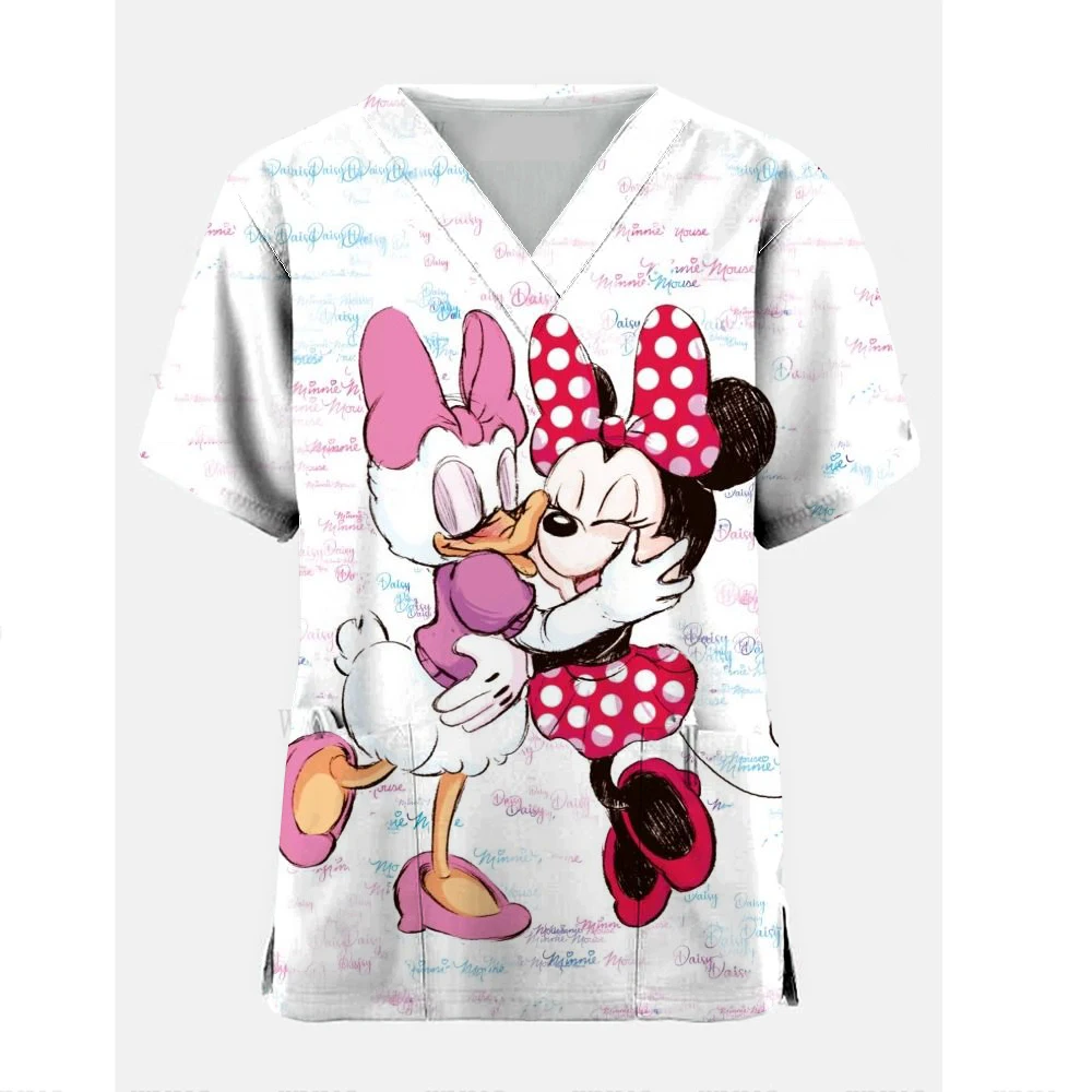 

Disney Daisy Cartoon Print Nursing Scrubs Tops Women Working Uniform Blouse Short Sleeve V-neck Uniform Blusas Nursing Clothes