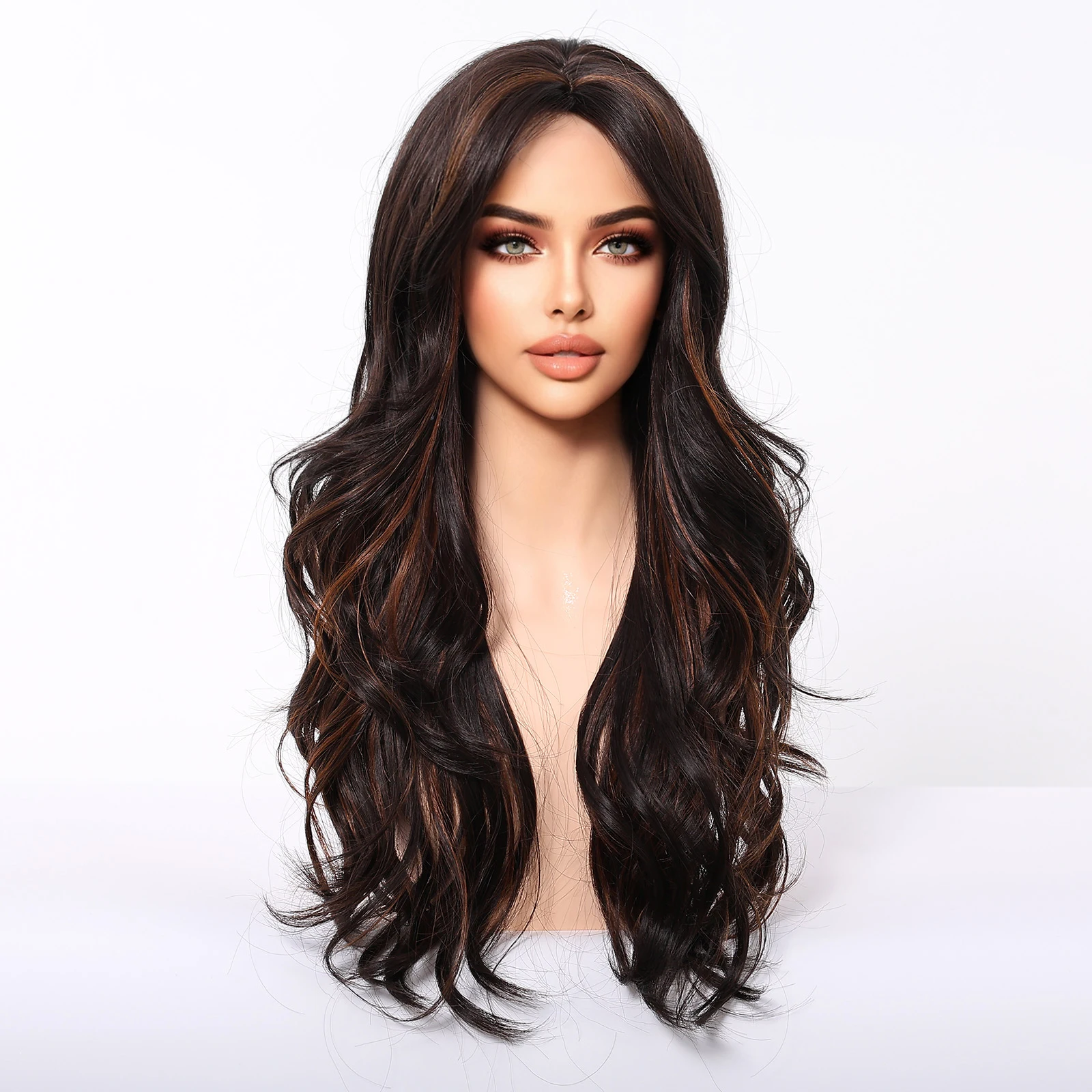 ALAN EATON Black Brown Highlight Long Wavy Synthetic Wigs for Women Natural Hair Wigs Middle Part Heat Resistant Fiber Daily Use