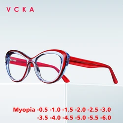 VCKA Fashion Cat Eyes Prescription Myopia Glasses Anti Blue Light Thick Frame Women Optics Discoloration Eyewear -0.50 TO -10