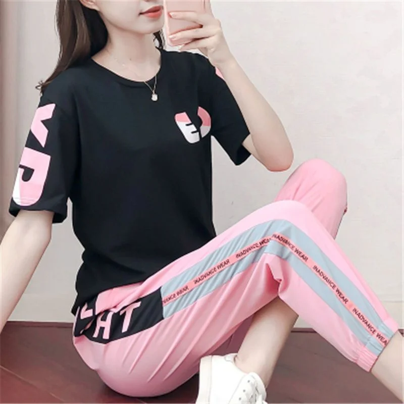 Freizeit sporta nzug Frauen Sommer neue Mode niedlichen Kurzarm Student T-Shirt und Bleistift hose zweiteiliges Set für Frauen